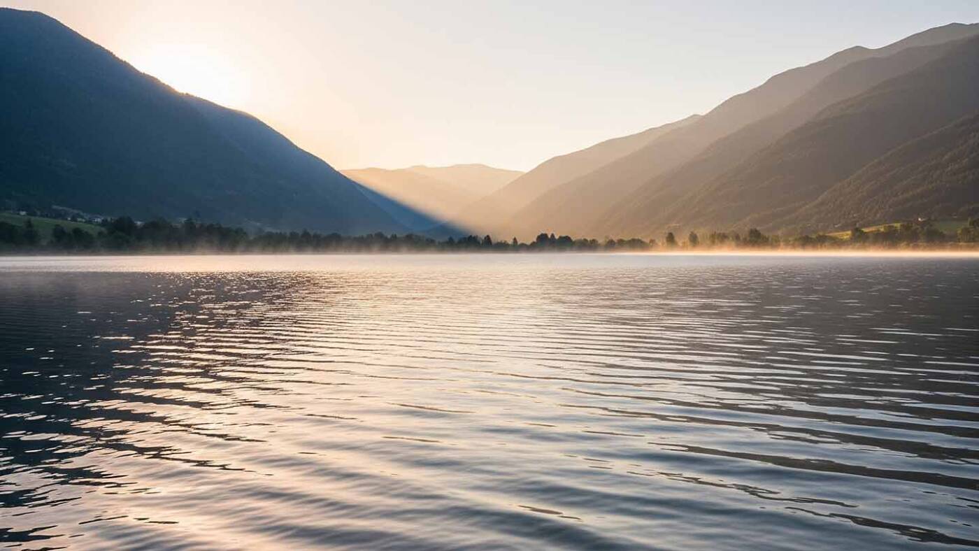 A serene landscape featuring a calm lake with gentle ripples reflecting soft morning light, surrounded by peaceful mountains or hills in soft, muted tones.